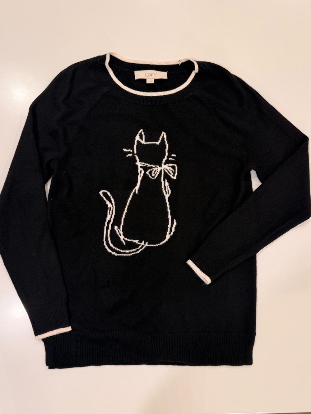 LOFT Cat Bow Graphic Sweater Black Ivory Kitty Crewneck XS